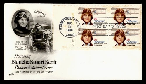 DR WHO 1980 FDC AVIATION PIONEER STUART SCOTT PLATE BLOCK ARTCRAFT CACHET R42538