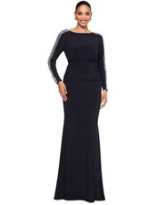 Betsy  Adam Women's Beaded-Sleeve Ruched Gown - Black/Silver - 6