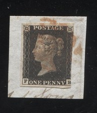 GB QV 1840 1d Penny Black FB Plate 1b Fine Red Maltese Cross 3 Margin on Piece