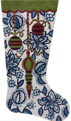 Needlepoint Handpainted Christmas Stocking Alice Peterson Blue White Floral 20" - Picture 4 of 4