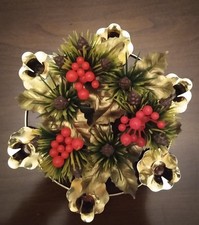 Vintage Gold 6 Candle Centerpiece Plastic Holly Berries Pinecones Hong Kong 1980