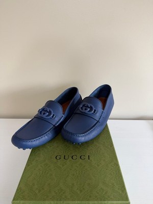 Men s Gucci Interlocking GG Leather Loafers   Blue   Size 8.5   Brand New