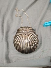 Vintage Silver Tone Shell Minaudiere Evening Bag Purple Velvet Lined Chain Purse