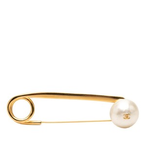 Authentic Chanel Coco Mark Vintage Brooch Safety Pin 97P Gold Plated Faux Pe... GZl1ikfh