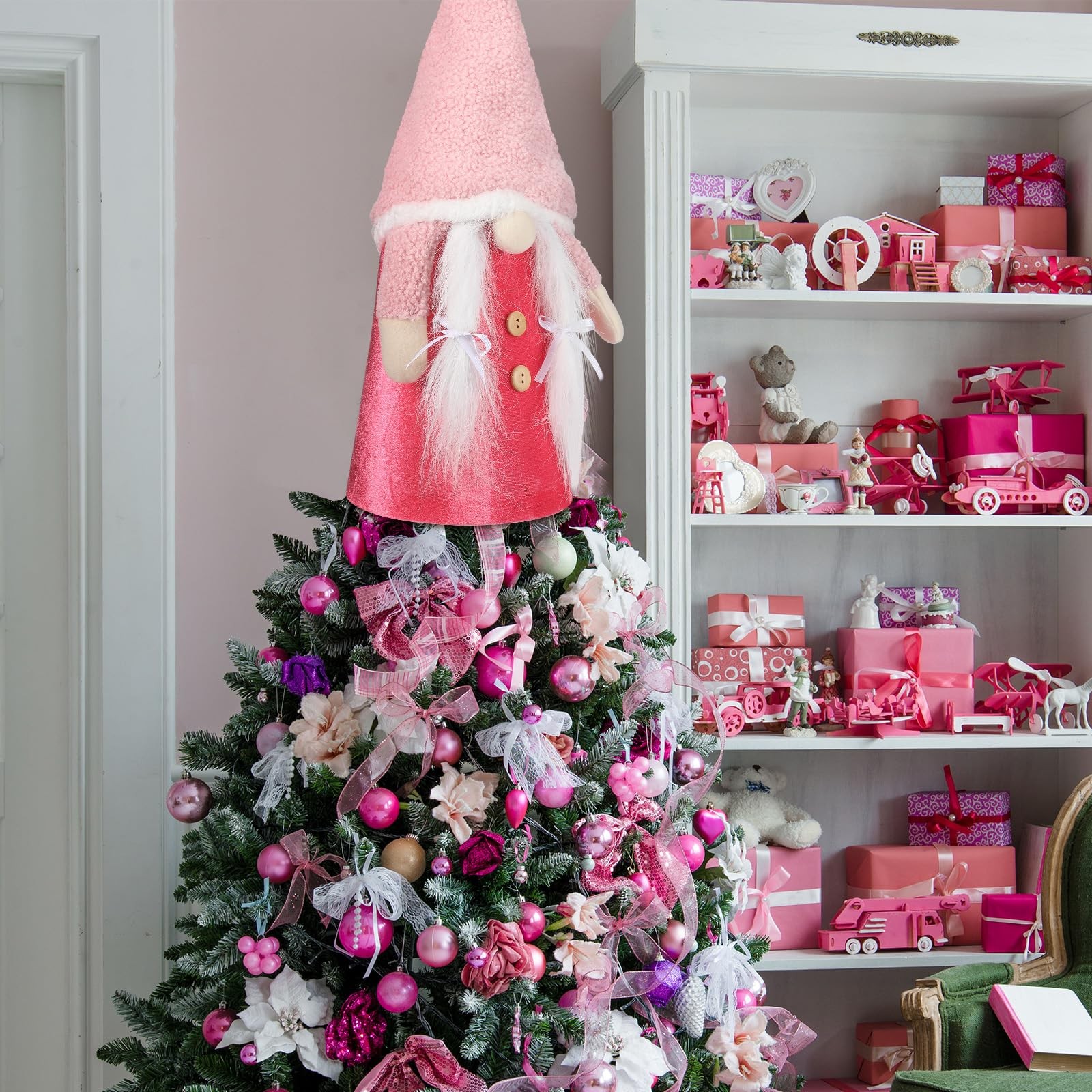 Gejoy Christmas Tree Topper 21.65in Pink Gnome Plush Scandinavian Xmas Decor