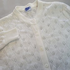 Vintage White Pointelle Knit Cardigan Sweater Leaf Pattern Button Front Size 40