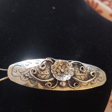 M W Silver Tone Floral Engraved Oval Metal Hair Barrette No Stone Marked Back
