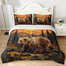 Wildlife Themed Bedding Set,Bear and Sunset Pattern Sherpa Twin Orange-brown