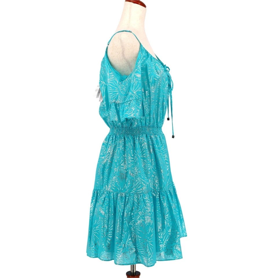 Michael Kors Women Foil Turquoise Cotton Cold-Shoulder Ruffle Mini Dress Size XS - Image 2 of 4