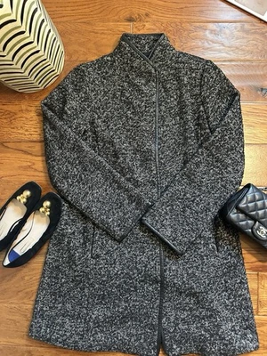 Eileen Fisher Womens M Wool Tweed Coat Leather Trim Italian Fabric Black Brown