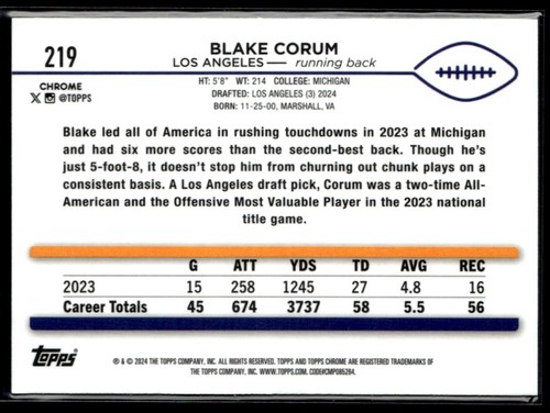 2024 TOPPS CHROME BLAKE CORUM RC LOS ANGELES RAMS #219 - Picture 2 of 2