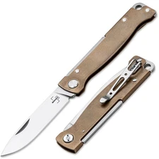 BOKER PLUS® Atlas Brass Pocket Knife 2.76" Blade 12C27 Metal Handle Clip Gold