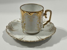 Miniature Porcelain Teacup  Saucer Accented With Gold / Unmarked