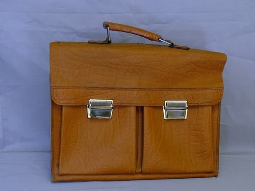 ALTE AKTENTASCHE SCHULTASCHE RANZEN LEDER BRAUN 60 ER JAHRE (563) Fundzustand