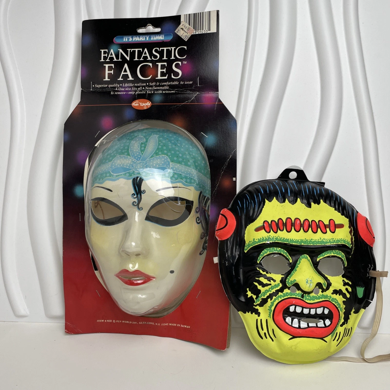 VTG Fun World Mask Lot Of 2 Day Glow Frankenstein Fantastic Faces Mardi Gras