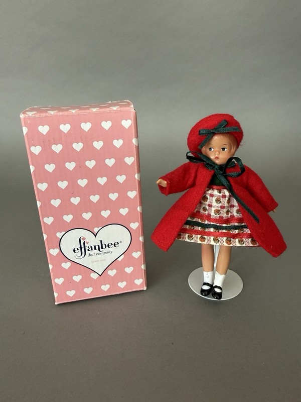 5” Vintage 1990s Effanbee Wee Patsy Red Green Dress Coat Hat Doll MIB Box V5204