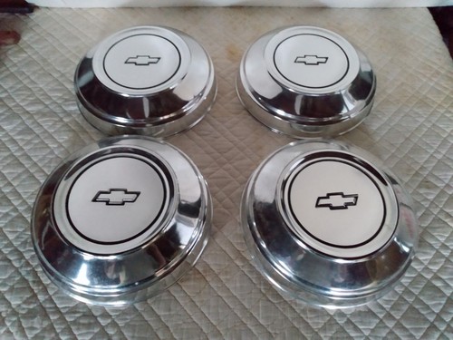 4 Unused OEM Chevrolet Chevy Dog Dish Chrome Hubcaps, 10 3/4" Diameter, Police