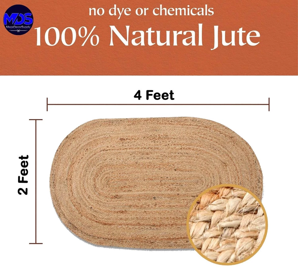 Alfombra de yute trenzada tejida a mano MDS Navidad - 2x4 pies ovalada, arpillera natural... Foto 4 de 4