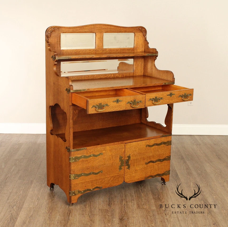 Antiguo aparador victoriano de roble dorado con respaldo espejado Foto 2 de 4