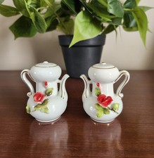 Vintage Mid Century Japan Porcelain Salt Pepper Shaker Set Pink Roses Gold Trim