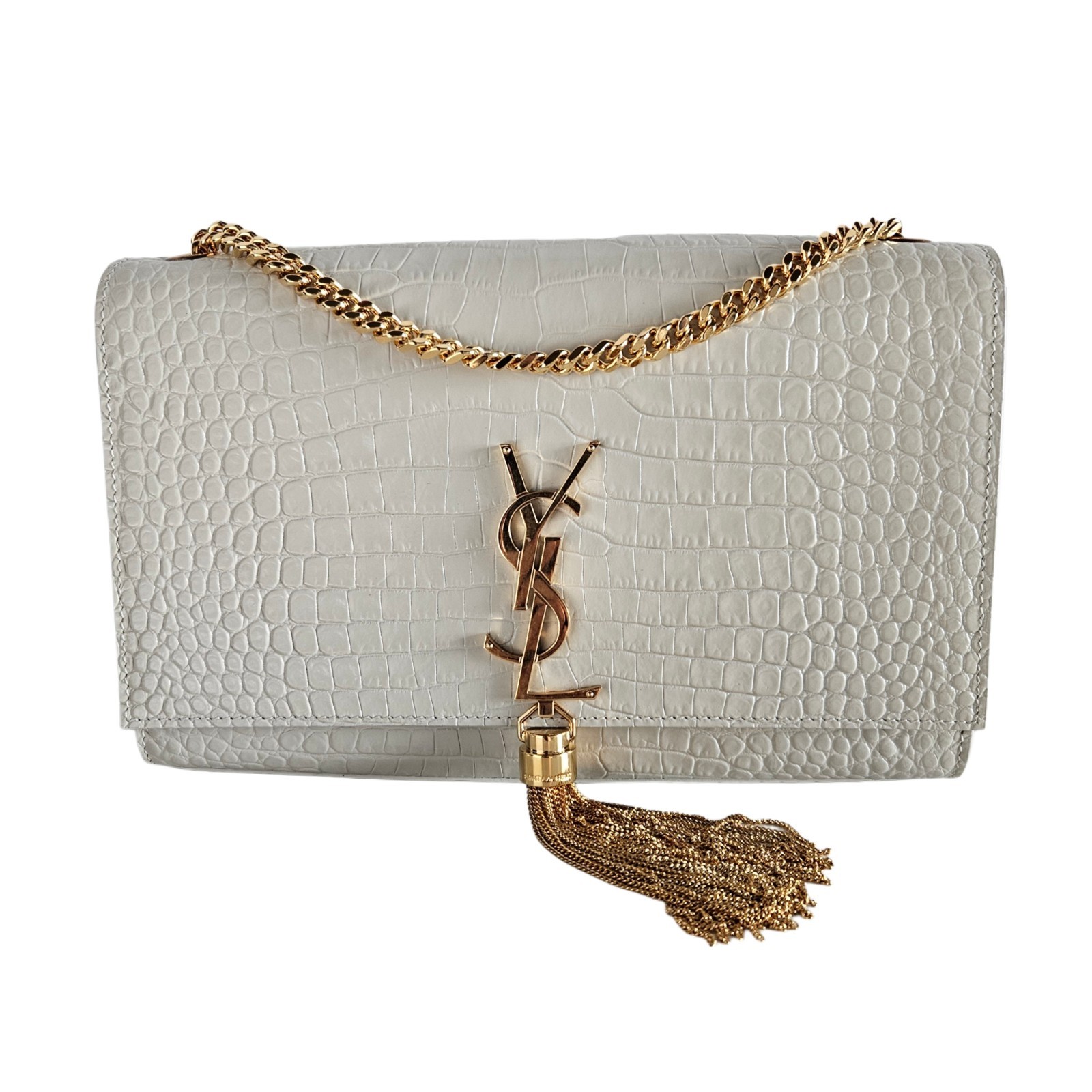 Saint Laurent Ivory Croc Embossed Medium Kate Tassel Crossbody Woman Bag