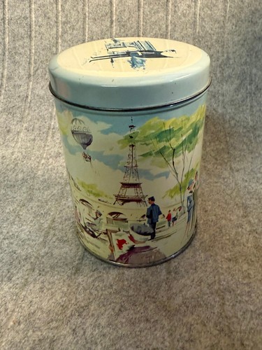 Vintage CHERRYDALE FARMS Peanut Crunch Tin Paris Scene 4” in Dia. x 5 ½” Tall - Picture 4 of 8