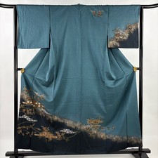 JAPANESE KIMONO HOMONGI BLUE-GREEN 158cm 5 ft 2 in PURE SILK B1987