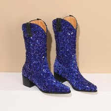 Occident Womens Sequins Pull On Mid Calf Boots Pointed Toe Party Club Show Shoes