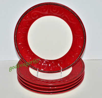 Fitz & Floyd Holiday Home * 5 DINNER PLATES * Red, White, Yuletide, Damask, NEW
