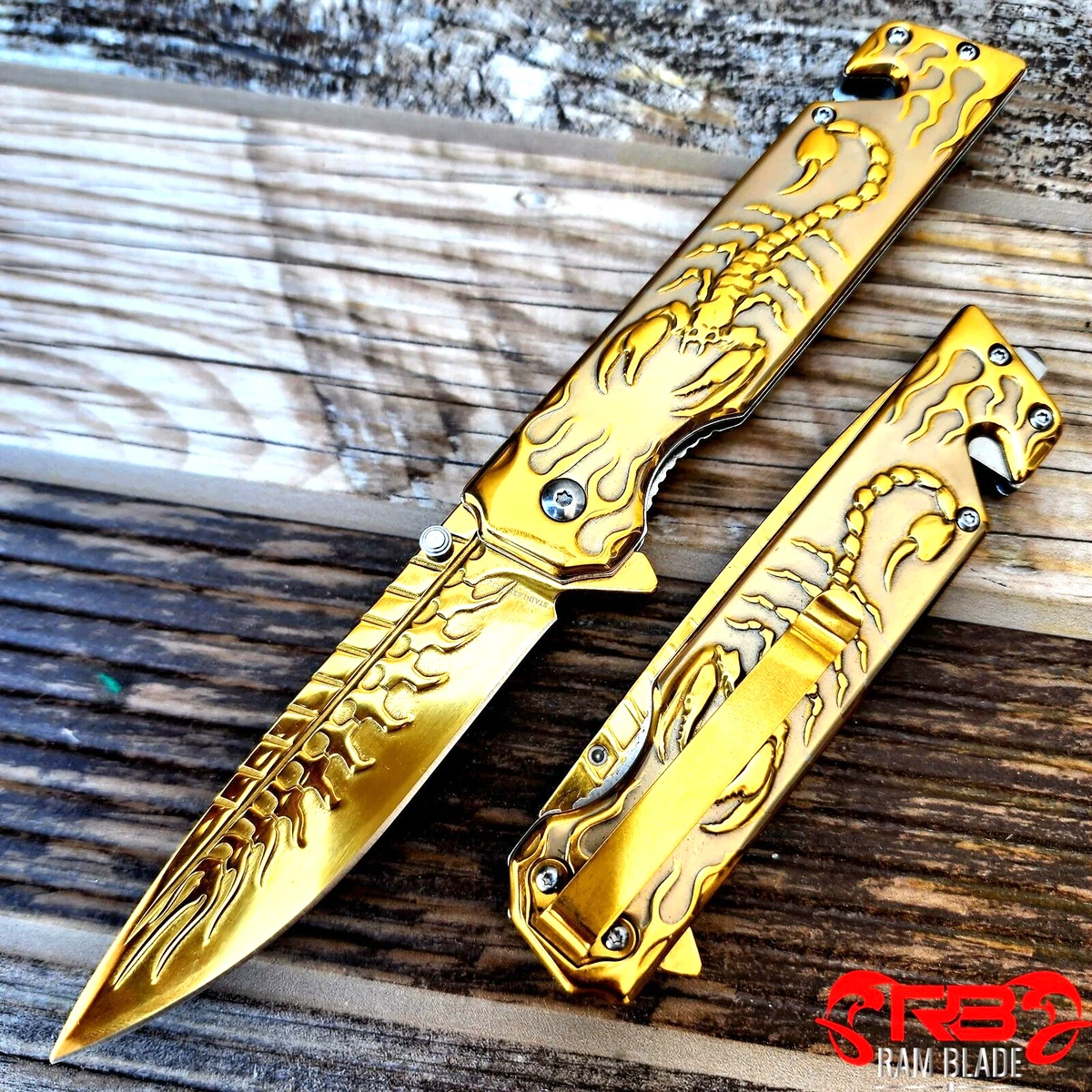 9 7cr13 Steel Gold Blade Spring Assisted Folding Pocket Knife Scorpion  HANDLE