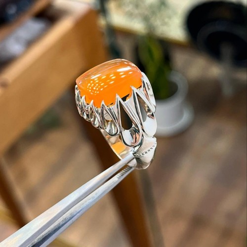 Sharaf Al Shams Aqeeq Ring, 925 Sterling Silver Natural Agate Ring, Yellow Agate - Picture 4 of 5