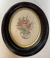 Large Flower Needlepoint Vintage Oval Frame Wall Art Grandma Cottage Core