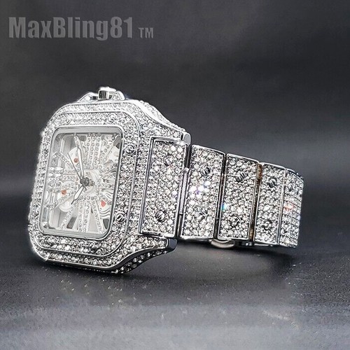 RELOJ DE LUJO PARA HOMBRE BANDA COMPLETAMENTE HELADA ESFERA ESQUELECTON DIAMANTE SIMULADO CUADRADO BLING - Imagen 6 de 30