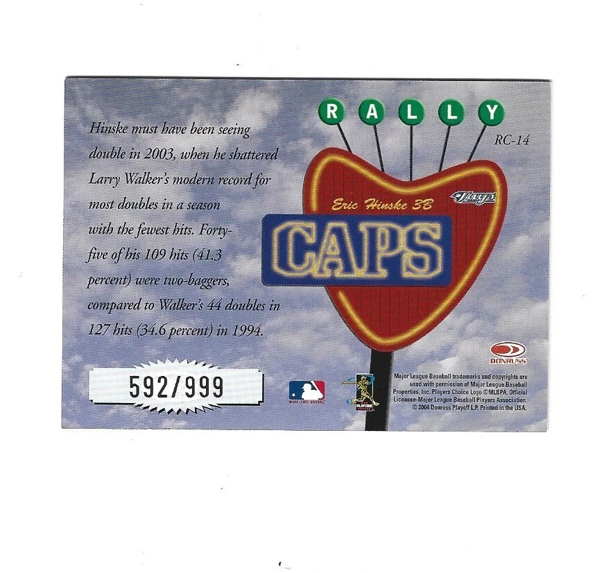 2004 Studio Rally Caps #14 Eric Hinske /999  TORONTO BLUE JAYS - Image 2 of 2