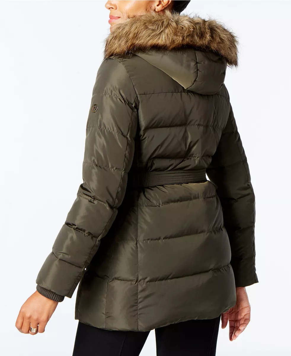 Michael Kors Faux Fur Trim Belted Down Coat Color Dark Moss Size S
