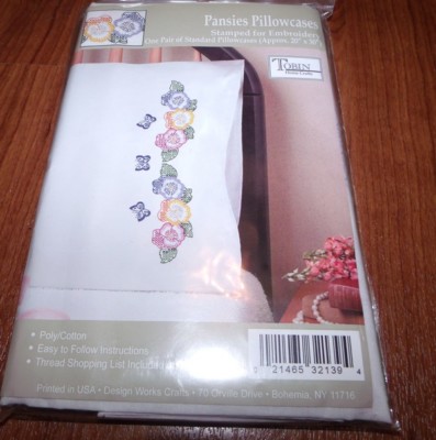 Tobin Stamped Pillowcases PANSIES & Butterflies  for Embroidery 20'' x 30'' 1 Pair