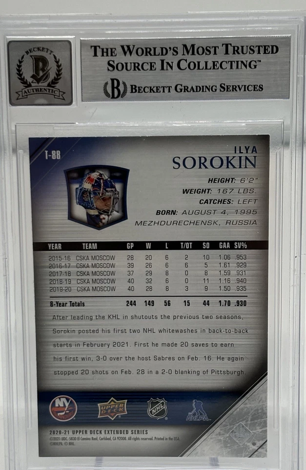 Ilya Sorokin Signed 2020-21 UD Young Guns Tribute #T-88 BAS Autograph Grade 10 - Image 2 of 2
