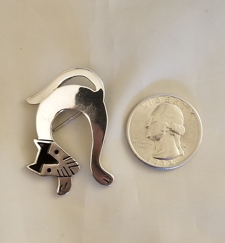 STERLING SILVER CAT PIN ENAMELED TAXCO MEXICO ARTIST TS 79 - Picture 2 of 3