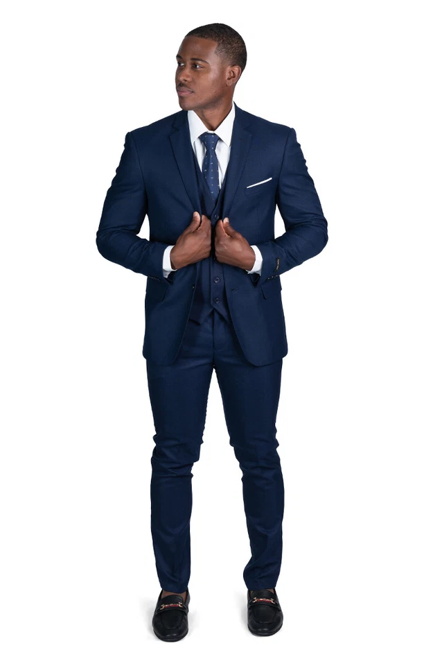Slim Fit Navy Blue Suit Micro Textured 2 Button Notch Lapel Vest Option AZAR 118 - Image 3 of 4
