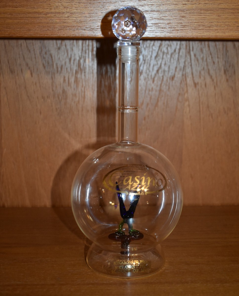 Tequila Casino Azul Hand-Blown Glass Decanter with Parrot Inside