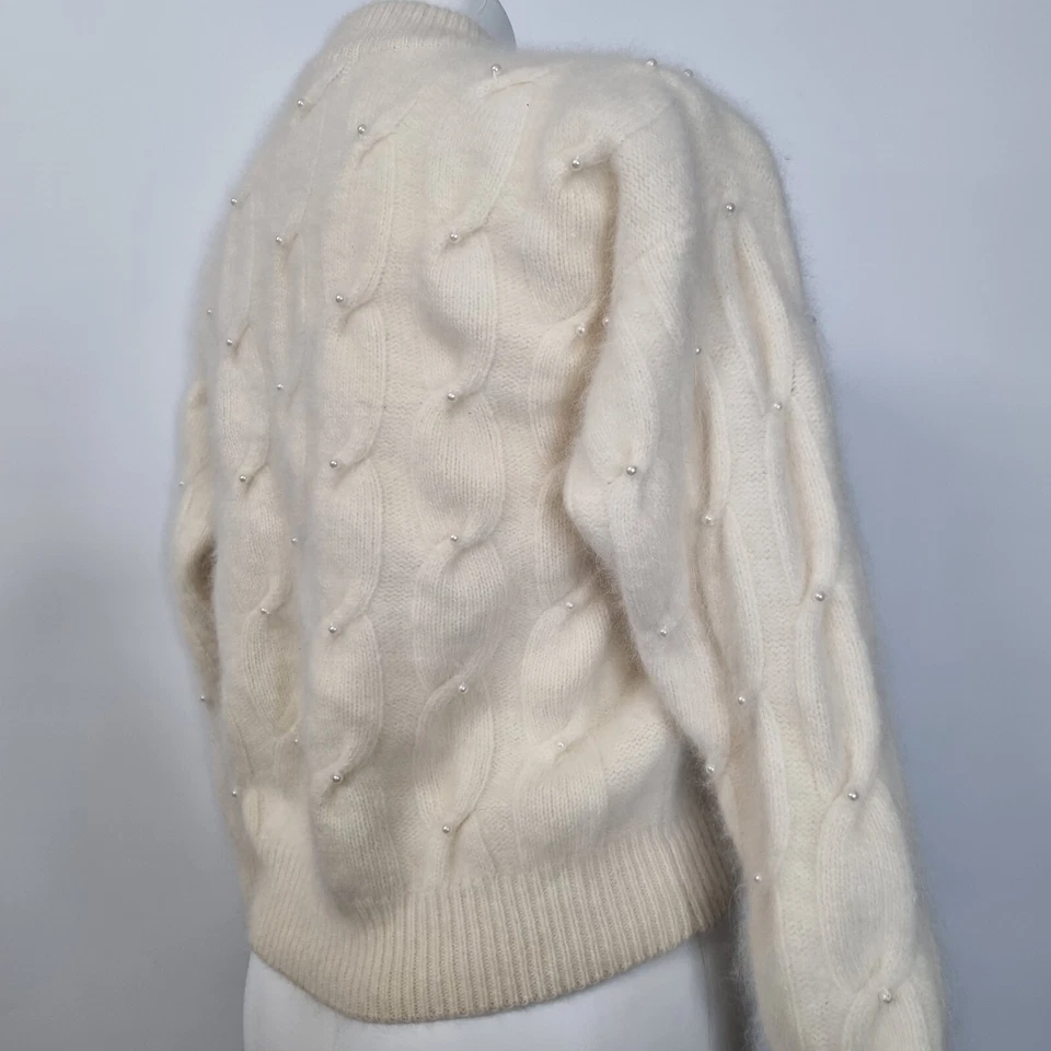复古 Norm Thompson 象牙色毛衣 安哥拉羊羔毛 套衫 电缆 针织 串珠 S/M — 第 4/4 张图片