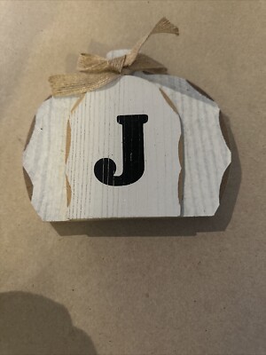 New! ''J'' Monogramed Initial Pumpkin Wood Sign Decor White Fall Halloween Autumn 