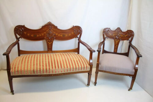 English Edwardian Mahogany Inlaid Settee and Matching Chair, Circa 1910s'