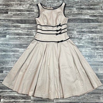 liz claiborne fit and flare dress Liz Claiborne 50s Inspired Dress Womens sz 4P Fit & Flare Beige w/Black Bow  Trim