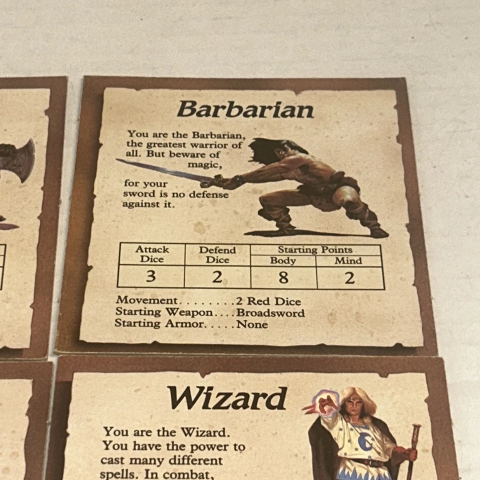 HEROQUEST 游戏替换全套 4 张英雄卡 1990 年 D&D 角色扮演 A2 — 第 3/4 张图片