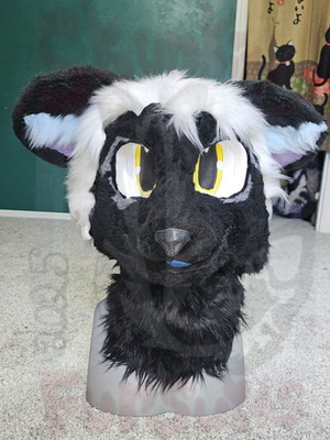 Used Fursuit head, Made by SkunkittyFursuits (me), black feline, canine, vulpine