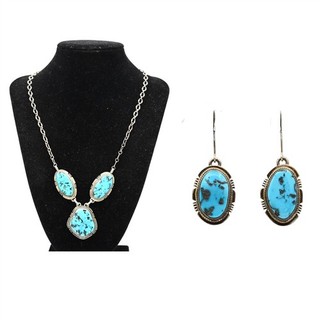 NATIVE AMERICAN NAVAJO DONALD DOUGLAS TURQUOISE NECKLACE EARRING STERLING SET