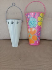2 Metal Wall Pockets hang w metal Handles Lavendar & Pink . Door Knobs