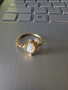 Authentic size 9 gold plated engagement ring lab-created opal with faux diamond chips