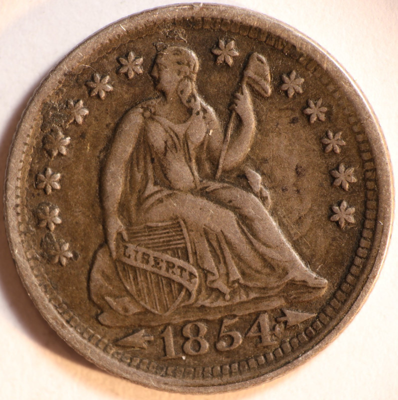 1854 P Seated Liberty Half Dime 5C Cents Coin Silver, Arrows, XF/AU!!